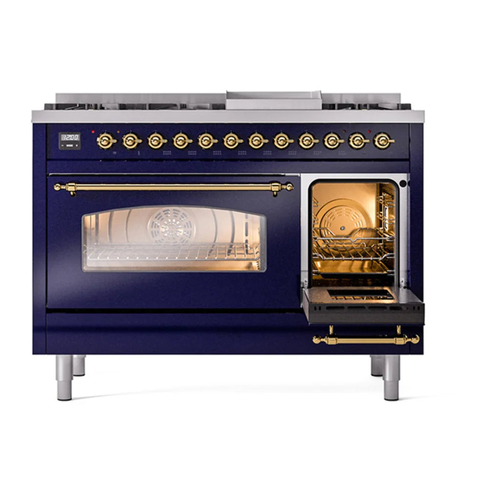 ILVE Nostalgie II 48" Dual Fuel Freestanding Range in Midnight Blue with Brass Trim, UP48FNMPMBG