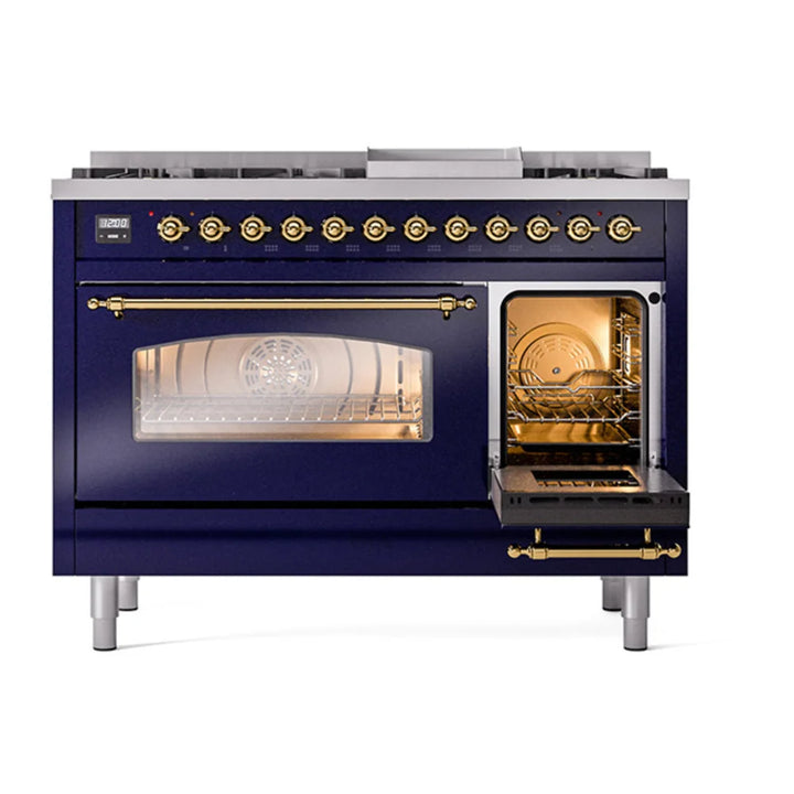 ILVE Nostalgie II 48" Dual Fuel Freestanding Range in Midnight Blue with Brass Trim, UP48FNMPMBG