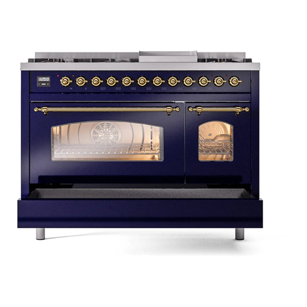 ILVE Nostalgie II 48" Dual Fuel Freestanding Range in Midnight Blue with Brass Trim, UP48FNMPMBG
