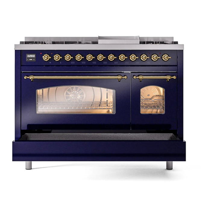 ILVE Nostalgie II 48" Dual Fuel Freestanding Range in Midnight Blue with Brass Trim, UP48FNMPMBG