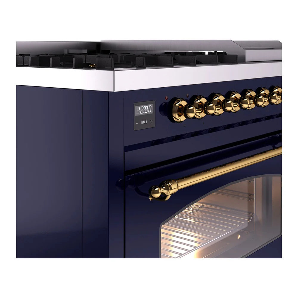 ILVE Nostalgie II 48" Dual Fuel Freestanding Range in Midnight Blue with Brass Trim, UP48FNMPMBG