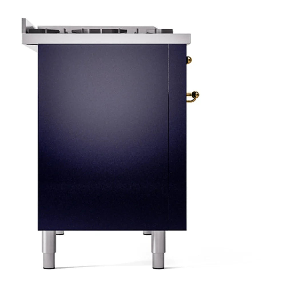 ILVE Nostalgie II 48" Dual Fuel Freestanding Range in Midnight Blue with Brass Trim, UP48FNMPMBG