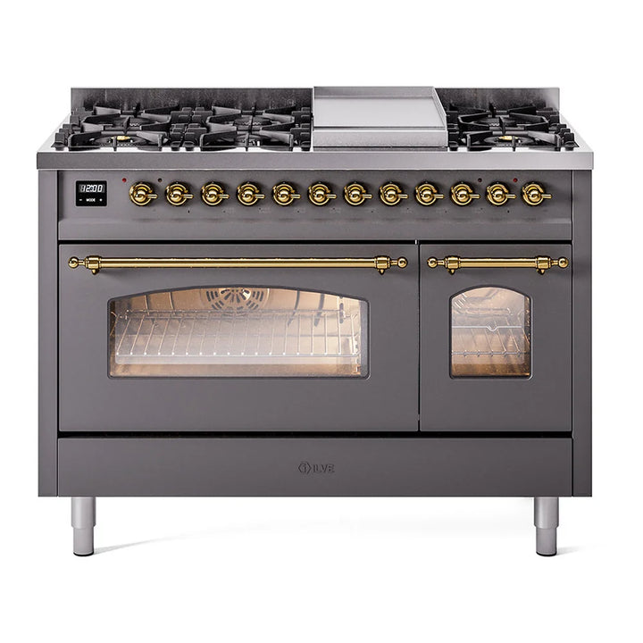 ILVE Nostalgie II 48" Dual Fuel Freestanding Range in Graphite Matte with Brass Trim, UP48FNMPMGG
