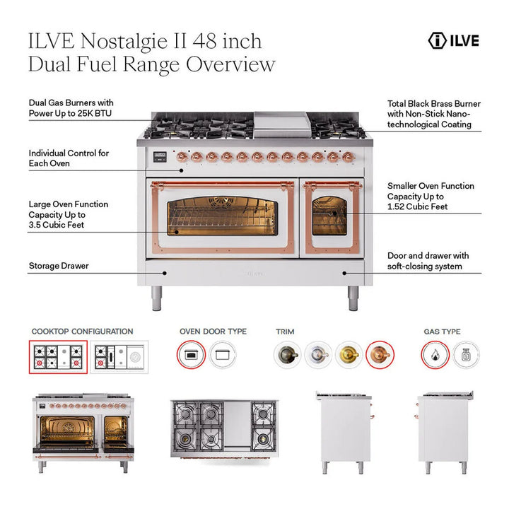 ILVE Nostalgie II 48" Dual Fuel Freestanding Range in Graphite Matte with Brass Trim, UP48FNMPMGG