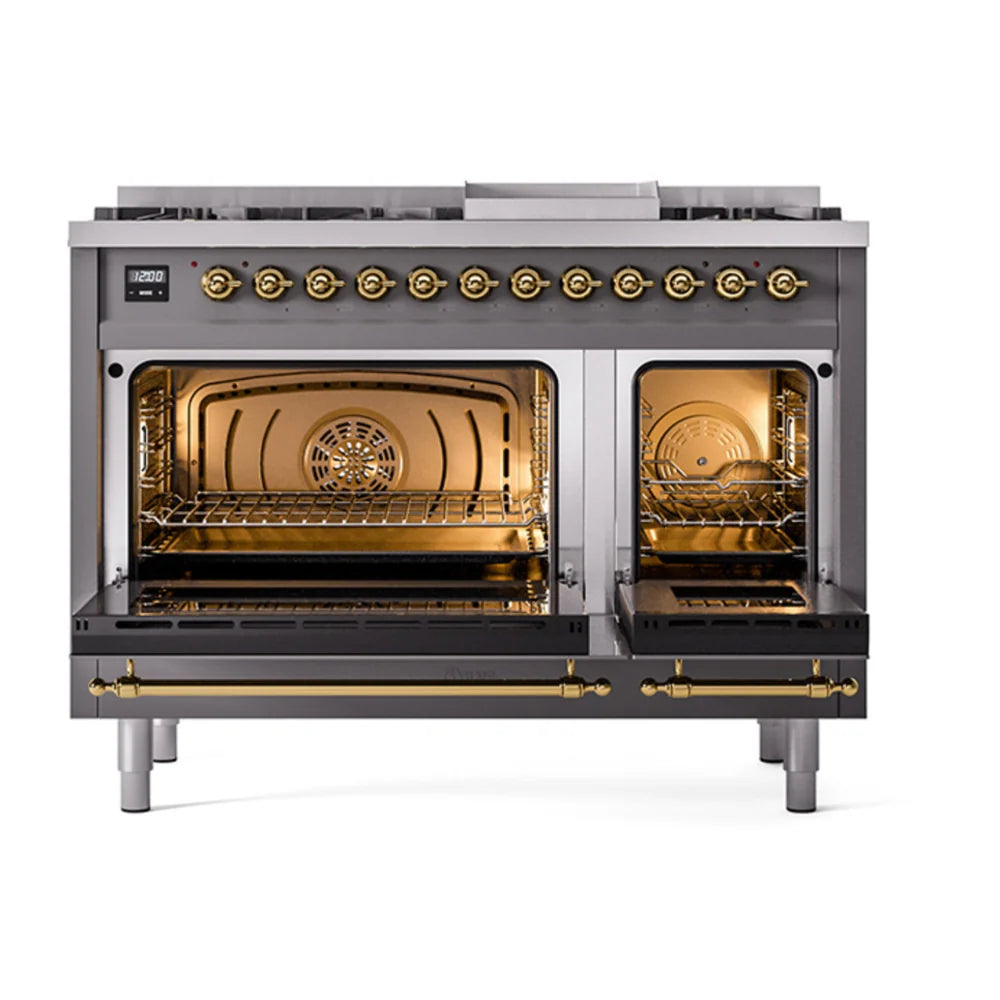 ILVE Nostalgie II 48" Dual Fuel Freestanding Range in Graphite Matte with Brass Trim, UP48FNMPMGG