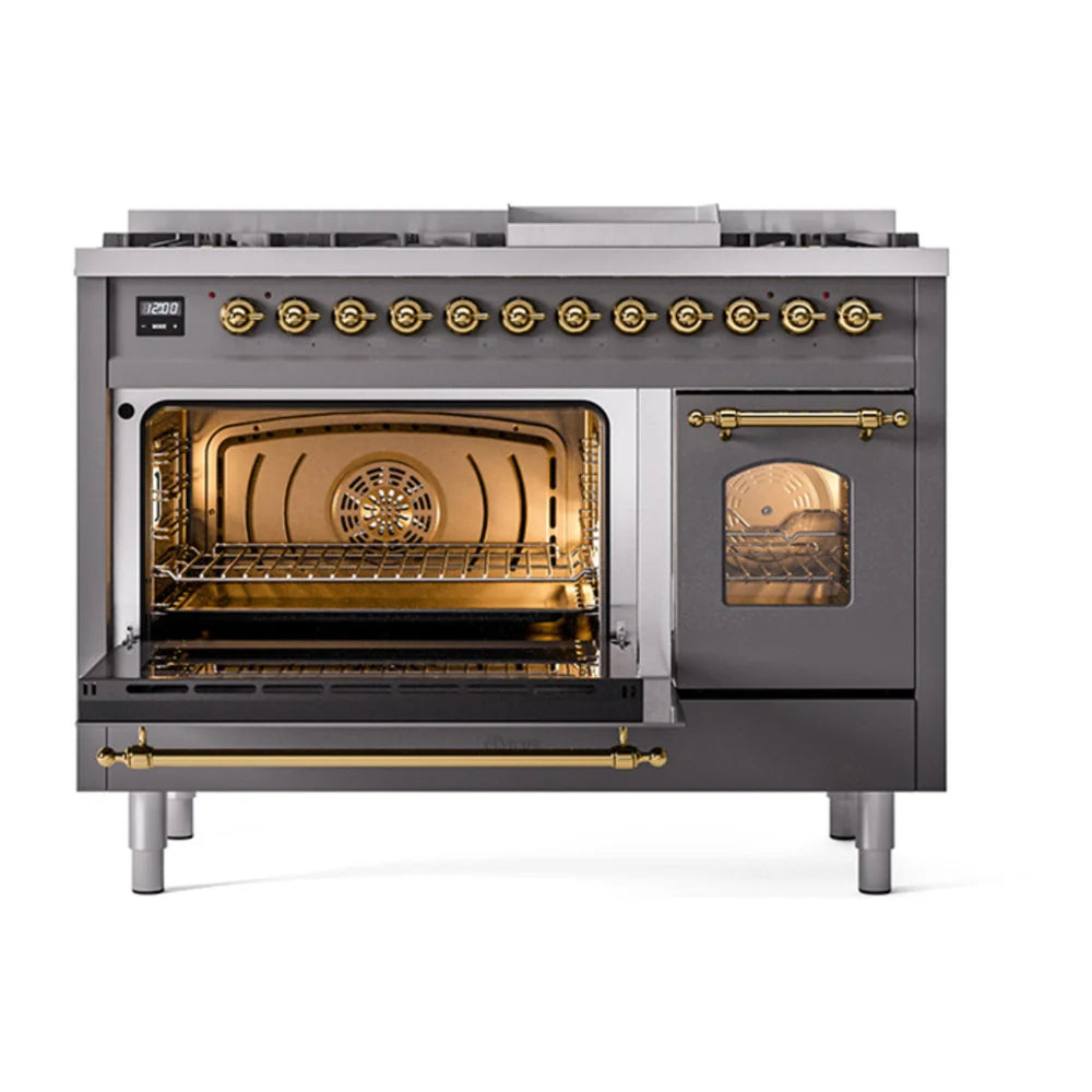 ILVE Nostalgie II 48" Dual Fuel Freestanding Range in Graphite Matte with Brass Trim, UP48FNMPMGG