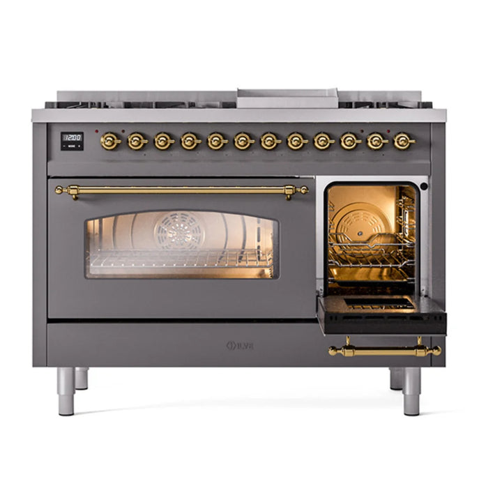 ILVE Nostalgie II 48" Dual Fuel Freestanding Range in Graphite Matte with Brass Trim, UP48FNMPMGG