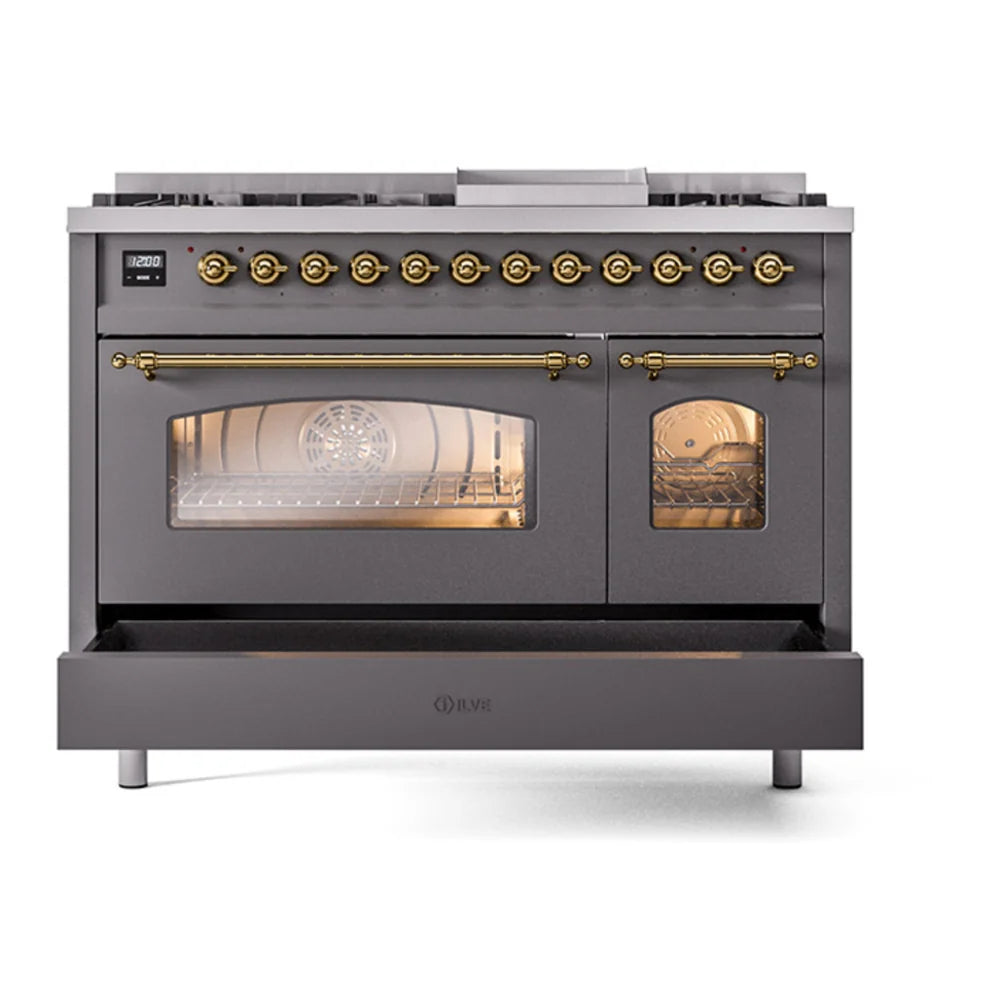 ILVE Nostalgie II 48" Dual Fuel Freestanding Range in Graphite Matte with Brass Trim, UP48FNMPMGG