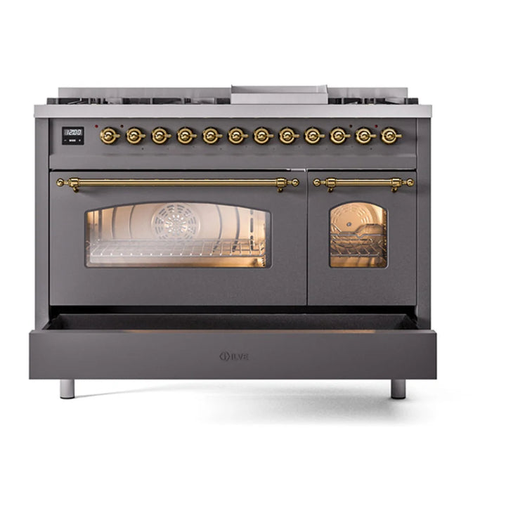 ILVE Nostalgie II 48" Dual Fuel Freestanding Range in Graphite Matte with Brass Trim, UP48FNMPMGG