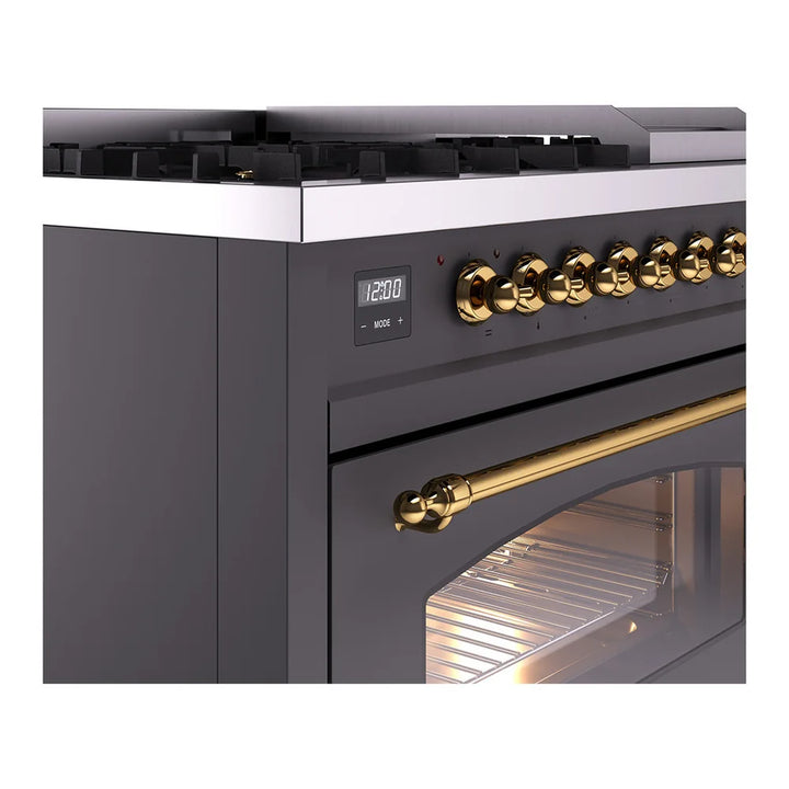 ILVE Nostalgie II 48" Dual Fuel Freestanding Range in Graphite Matte with Brass Trim, UP48FNMPMGG