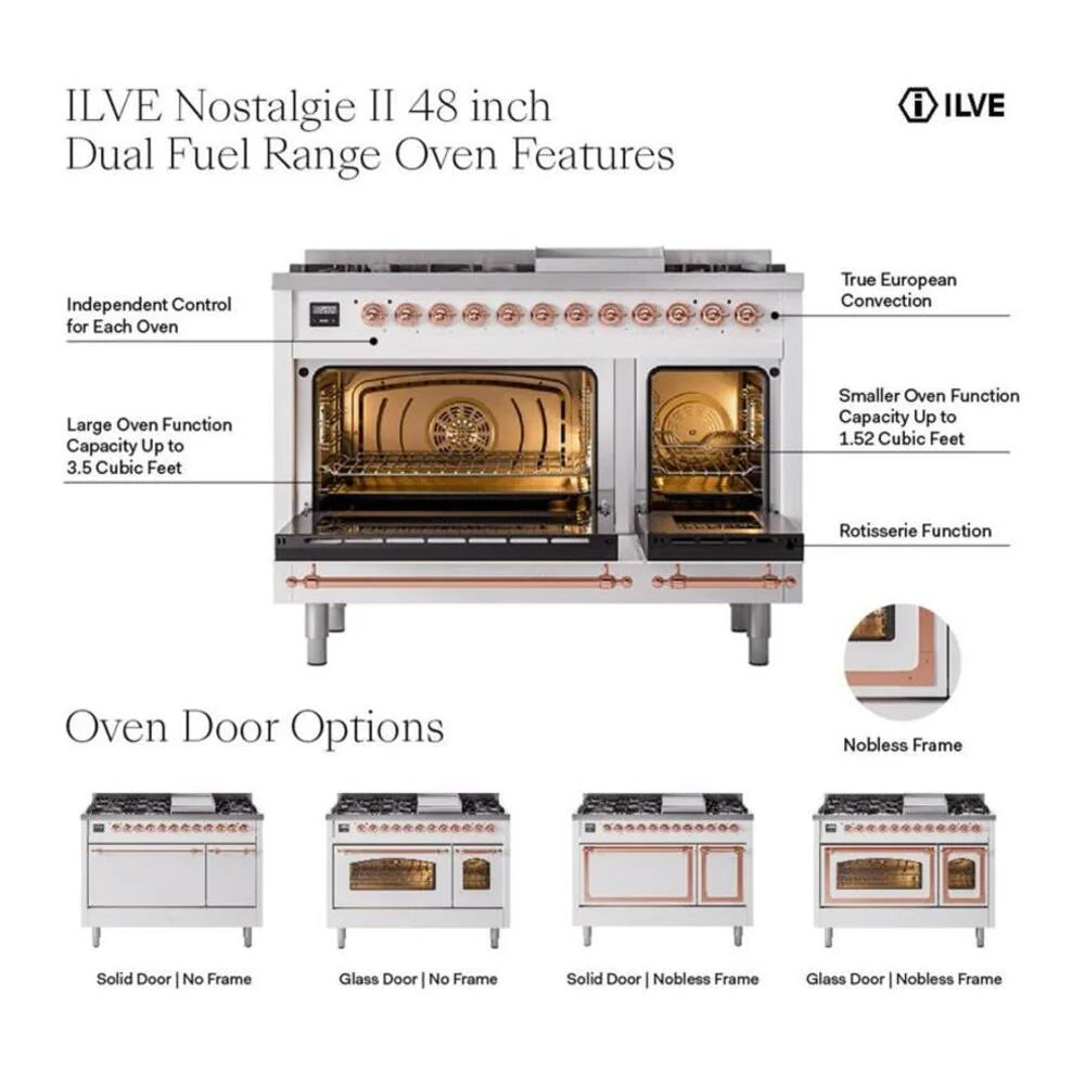 ILVE Nostalgie II 48" Dual Fuel Freestanding Range in Stainless Steel with Brass Trim, UP48FNMPSSGLP