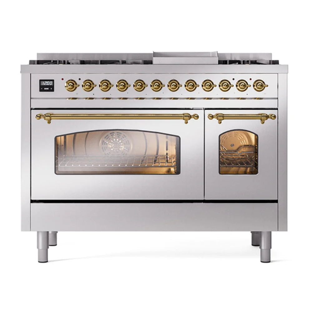 ILVE Nostalgie II 48" Dual Fuel Freestanding Range in Stainless Steel with Brass Trim, UP48FNMPSSGLP