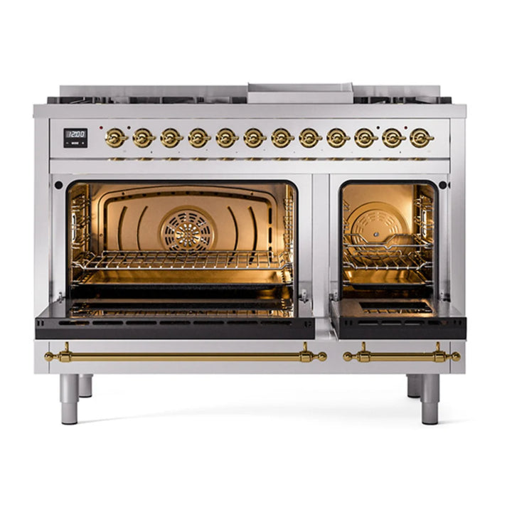 ILVE Nostalgie II 48" Dual Fuel Freestanding Range in Stainless Steel with Brass Trim, UP48FNMPSSGLP