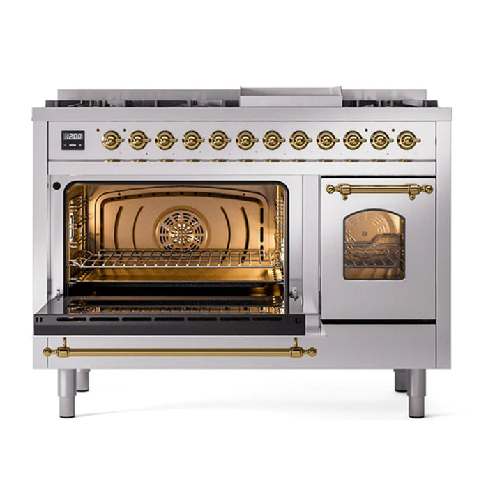 ILVE Nostalgie II 48" Dual Fuel Freestanding Range in Stainless Steel with Brass Trim, UP48FNMPSSGLP