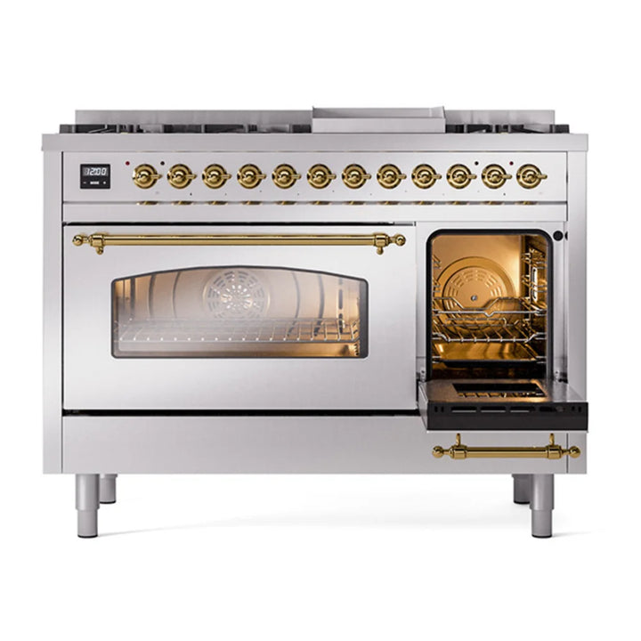 ILVE Nostalgie II 48" Dual Fuel Freestanding Range in Stainless Steel with Brass Trim, UP48FNMPSSGLP