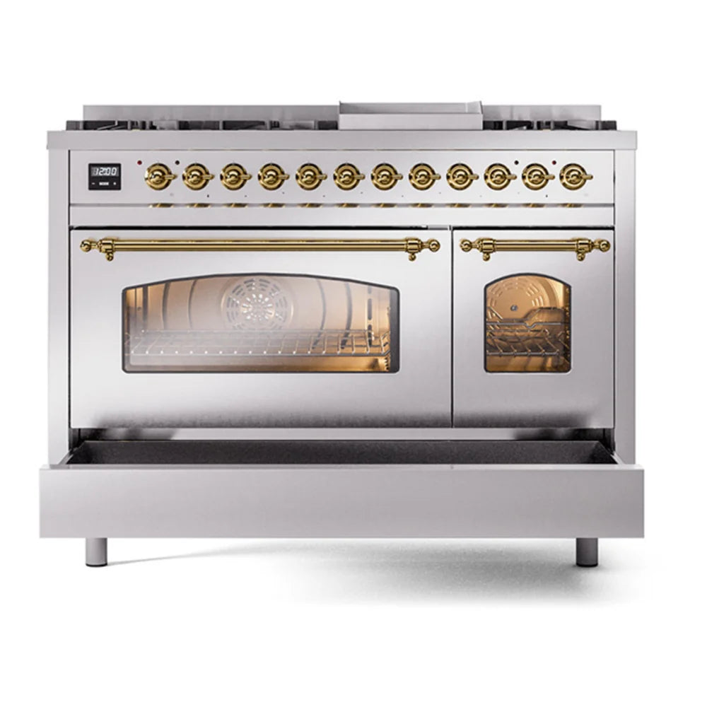ILVE Nostalgie II 48" Dual Fuel Freestanding Range in Stainless Steel with Brass Trim, UP48FNMPSSGLP