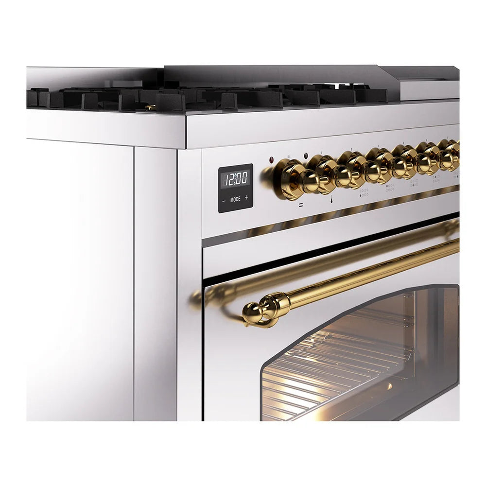 ILVE Nostalgie II 48" Dual Fuel Freestanding Range in Stainless Steel with Brass Trim, UP48FNMPSSGLP