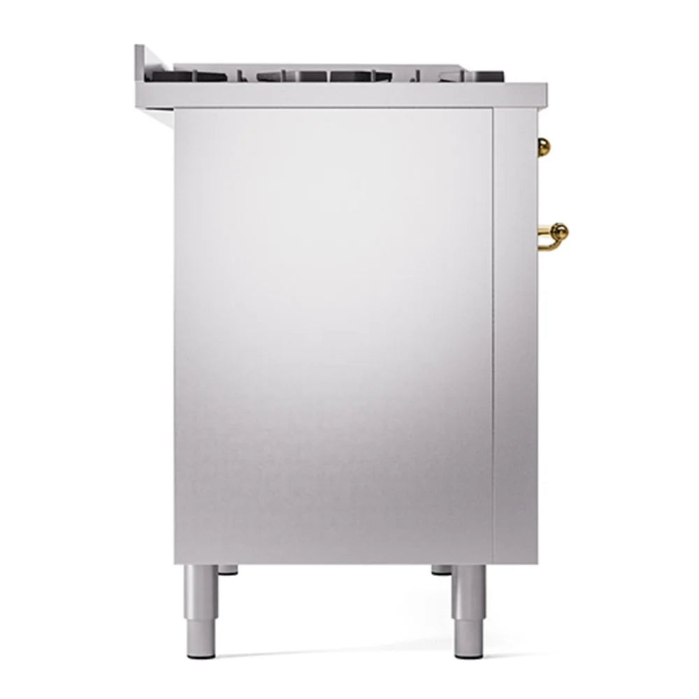 ILVE Nostalgie II 48" Dual Fuel Freestanding Range in Stainless Steel with Brass Trim, UP48FNMPSSGLP