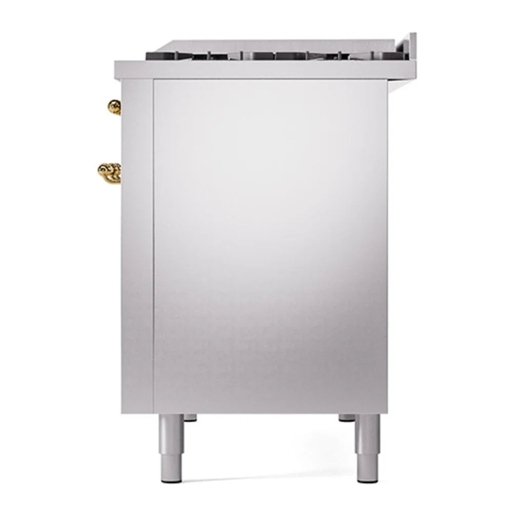 ILVE Nostalgie II 48" Dual Fuel Freestanding Range in Stainless Steel with Brass Trim, UP48FNMPSSGLP
