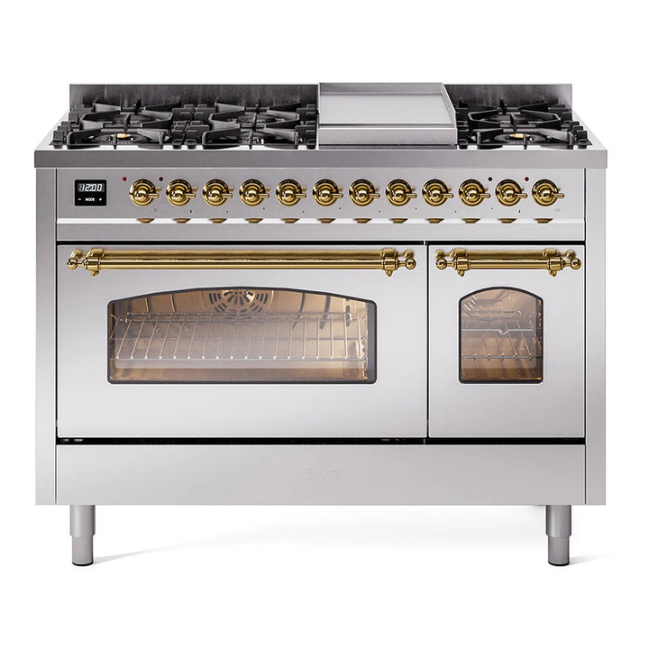 ILVE Nostalgie II 48" Dual Fuel Freestanding Range in Stainless Steel with Brass Trim, UP48FNMPSSG