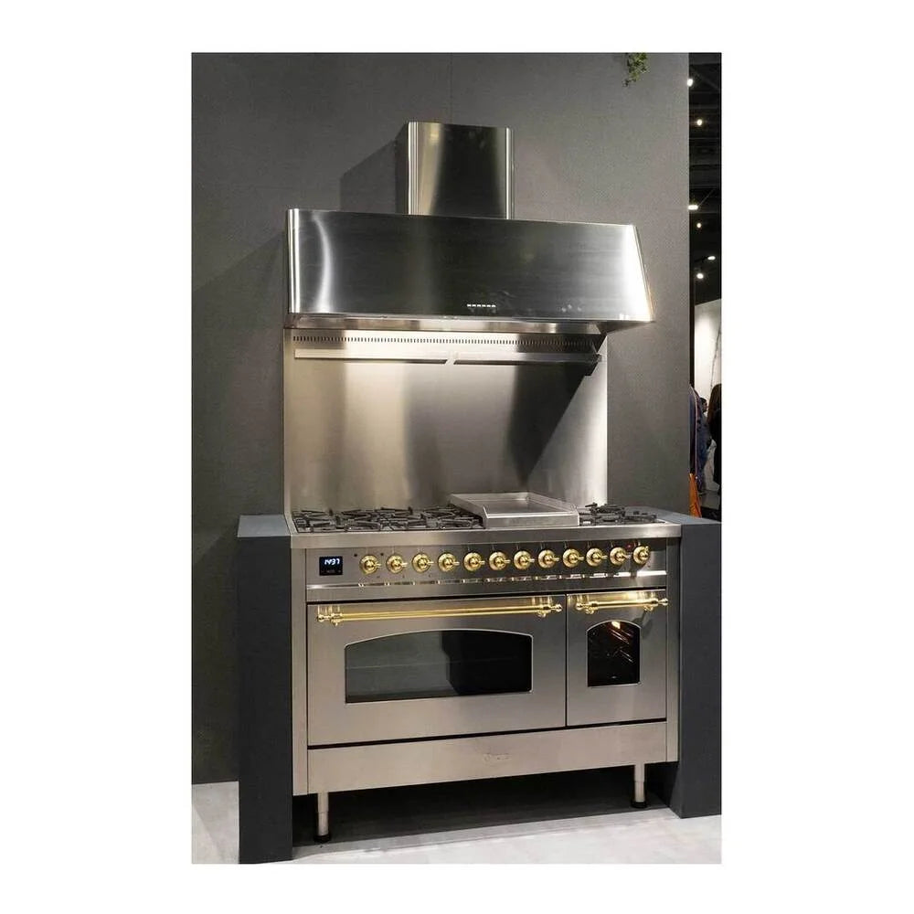 ILVE Nostalgie II 48" Dual Fuel Freestanding Range in Stainless Steel with Brass Trim, UP48FNMPSSG