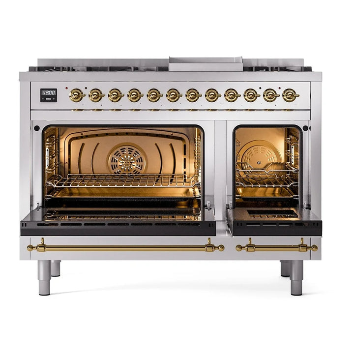 ILVE Nostalgie II 48" Dual Fuel Freestanding Range in Stainless Steel with Brass Trim, UP48FNMPSSG