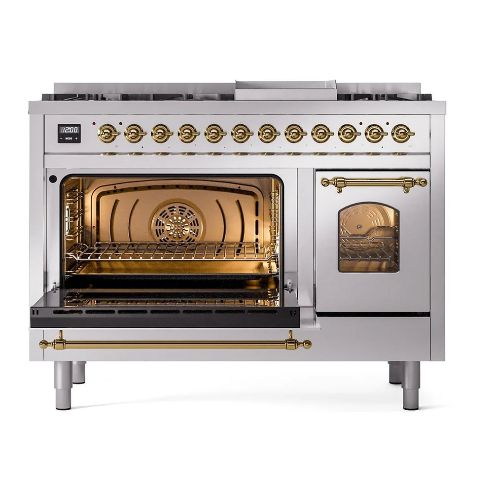 ILVE Nostalgie II 48" Dual Fuel Freestanding Range in Stainless Steel with Brass Trim, UP48FNMPSSG