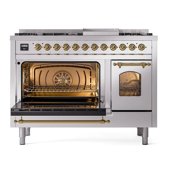 ILVE Nostalgie II 48" Dual Fuel Freestanding Range in Stainless Steel with Brass Trim, UP48FNMPSSG