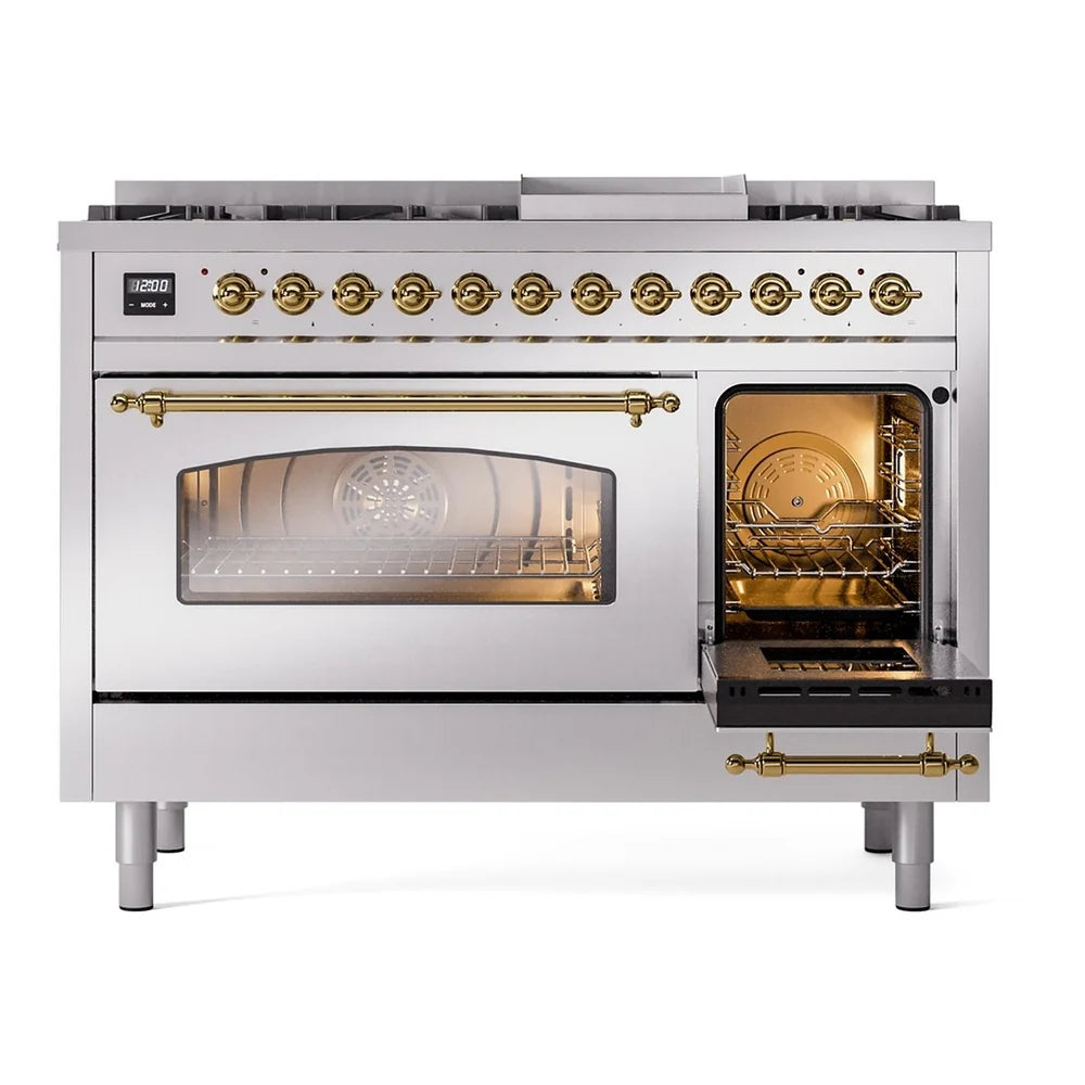 ILVE Nostalgie II 48" Dual Fuel Freestanding Range in Stainless Steel with Brass Trim, UP48FNMPSSG