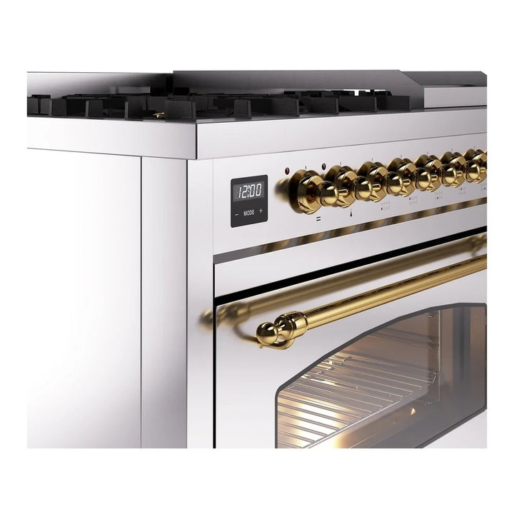 ILVE Nostalgie II 48" Dual Fuel Freestanding Range in Stainless Steel with Brass Trim, UP48FNMPSSG