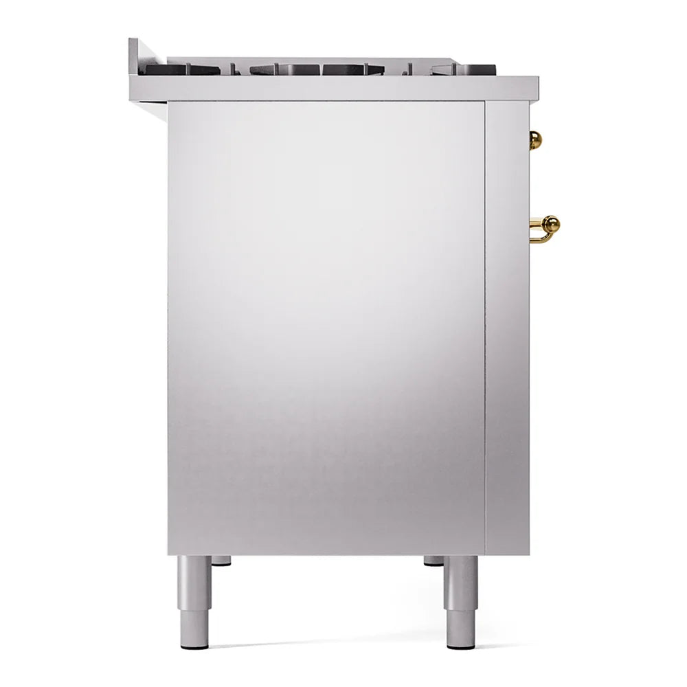 ILVE Nostalgie II 48" Dual Fuel Freestanding Range in Stainless Steel with Brass Trim, UP48FNMPSSG