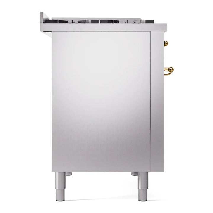 ILVE Nostalgie II 48" Dual Fuel Freestanding Range in Stainless Steel with Brass Trim, UP48FNMPSSG