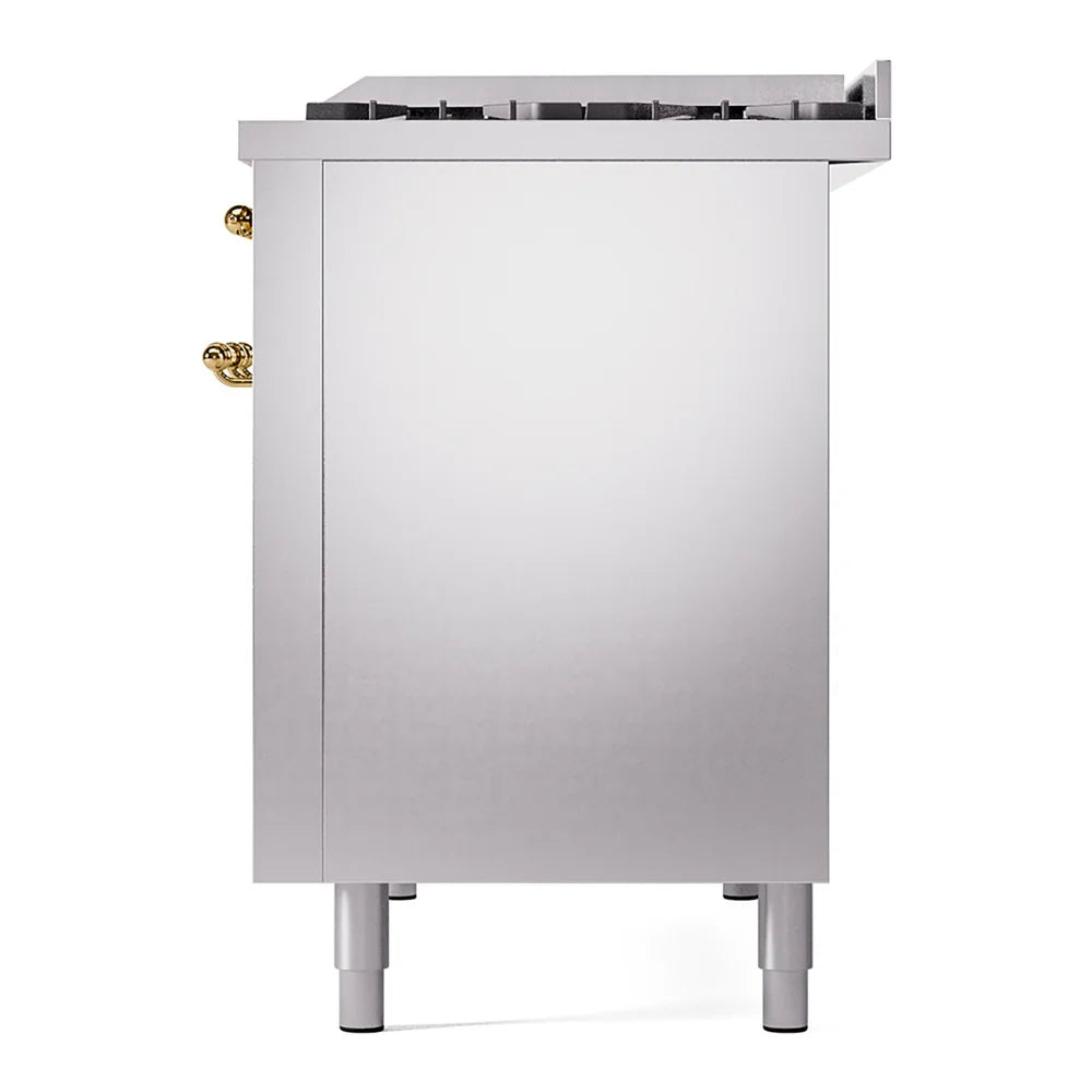 ILVE Nostalgie II 48" Dual Fuel Freestanding Range in Stainless Steel with Brass Trim, UP48FNMPSSG