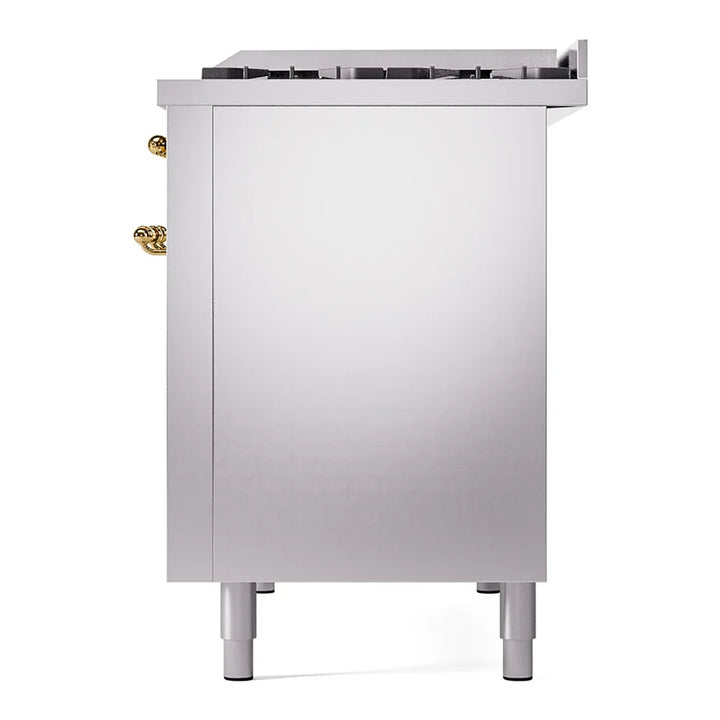 ILVE Nostalgie II 48" Dual Fuel Freestanding Range in Stainless Steel with Brass Trim, UP48FNMPSSG