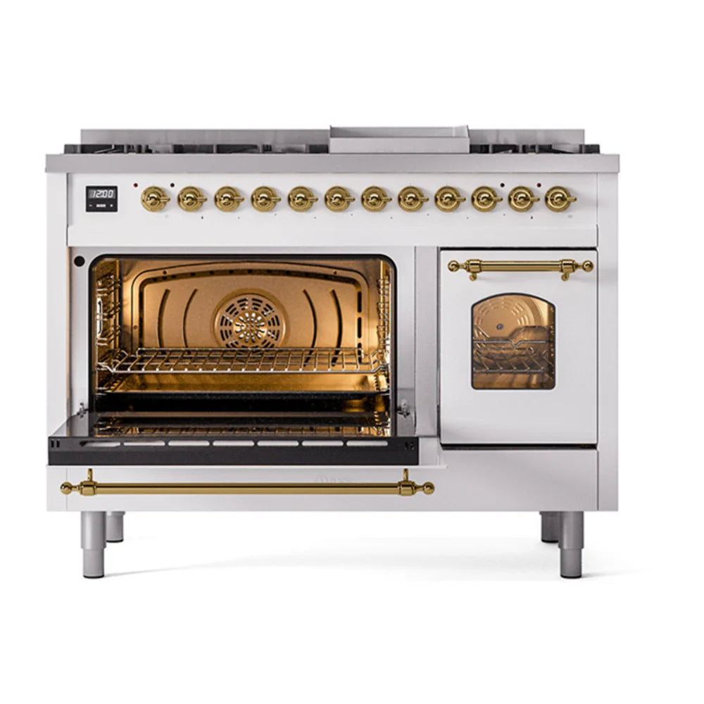 ILVE Nostalgie II 48" Dual Fuel Freestanding Range in White with Brass Trim, UP48FNMPWHGLP
