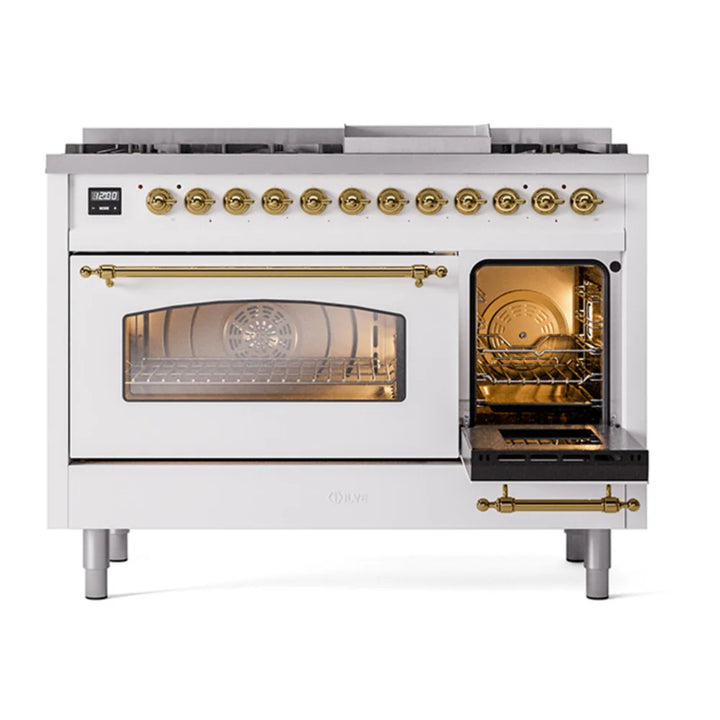 ILVE Nostalgie II 48" Dual Fuel Freestanding Range in White with Brass Trim, UP48FNMPWHGLP