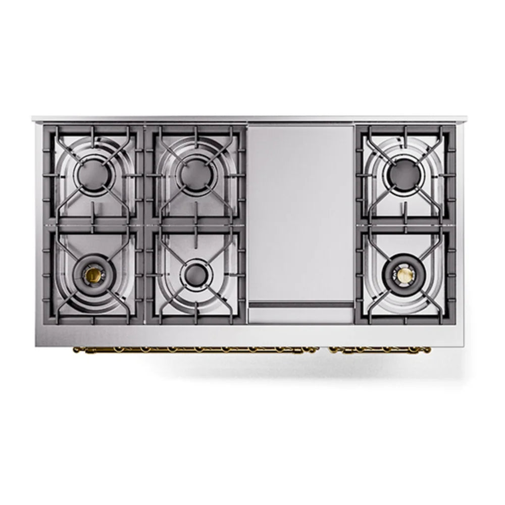 ILVE Nostalgie II 48" Dual Fuel Freestanding Range in White with Brass Trim, UP48FNMPWHGLP