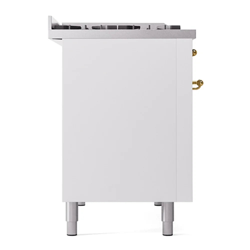 ILVE Nostalgie II 48" Dual Fuel Freestanding Range in White with Brass Trim, UP48FNMPWHGLP