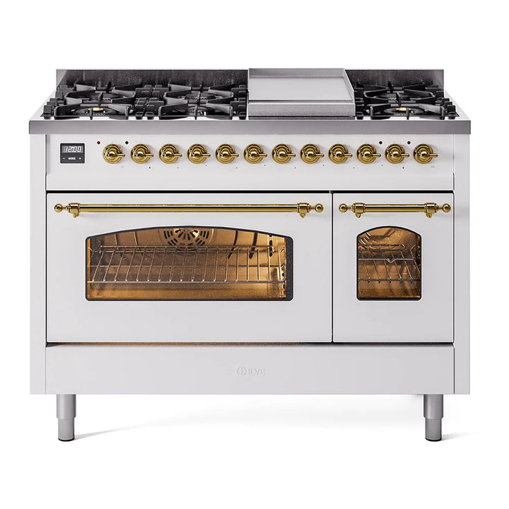 ILVE Nostalgie II 48" Dual Fuel Freestanding Range in White with Brass Trim, UP48FNMPWHG