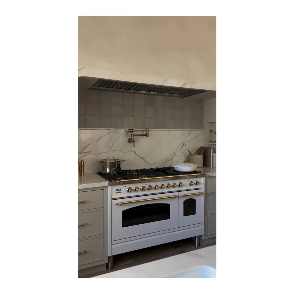ILVE Nostalgie II 48" Dual Fuel Freestanding Range in White with Brass Trim, UP48FNMPWHG