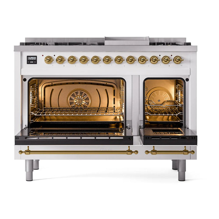ILVE Nostalgie II 48" Dual Fuel Freestanding Range in White with Brass Trim, UP48FNMPWHG
