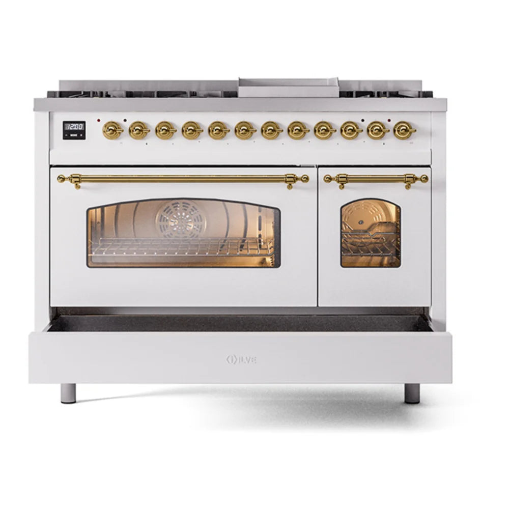 ILVE Nostalgie II 48" Dual Fuel Freestanding Range in White with Brass Trim, UP48FNMPWHG