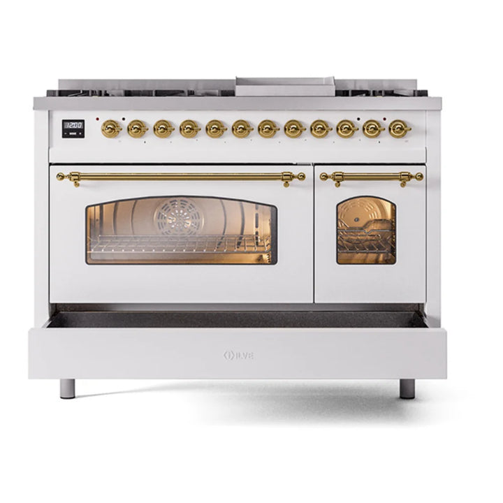ILVE Nostalgie II 48" Dual Fuel Freestanding Range in White with Brass Trim, UP48FNMPWHG