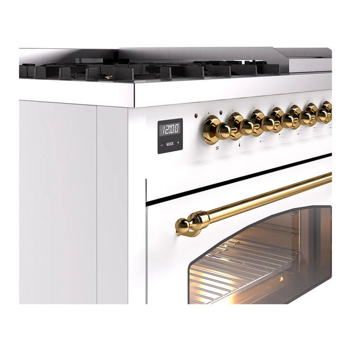 ILVE Nostalgie II 48" Dual Fuel Freestanding Range in White with Brass Trim, UP48FNMPWHG
