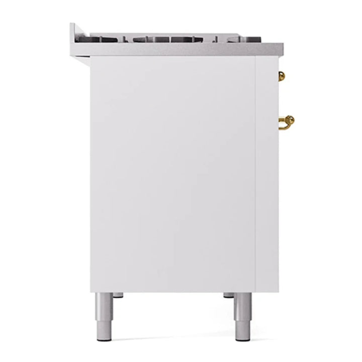 ILVE Nostalgie II 48" Dual Fuel Freestanding Range in White with Brass Trim, UP48FNMPWHG