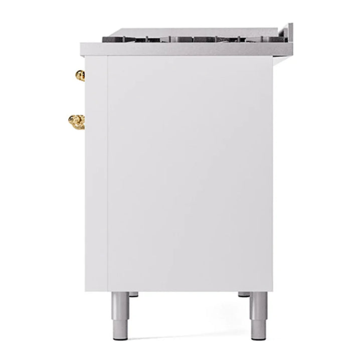 ILVE Nostalgie II 48" Dual Fuel Freestanding Range in White with Brass Trim, UP48FNMPWHG