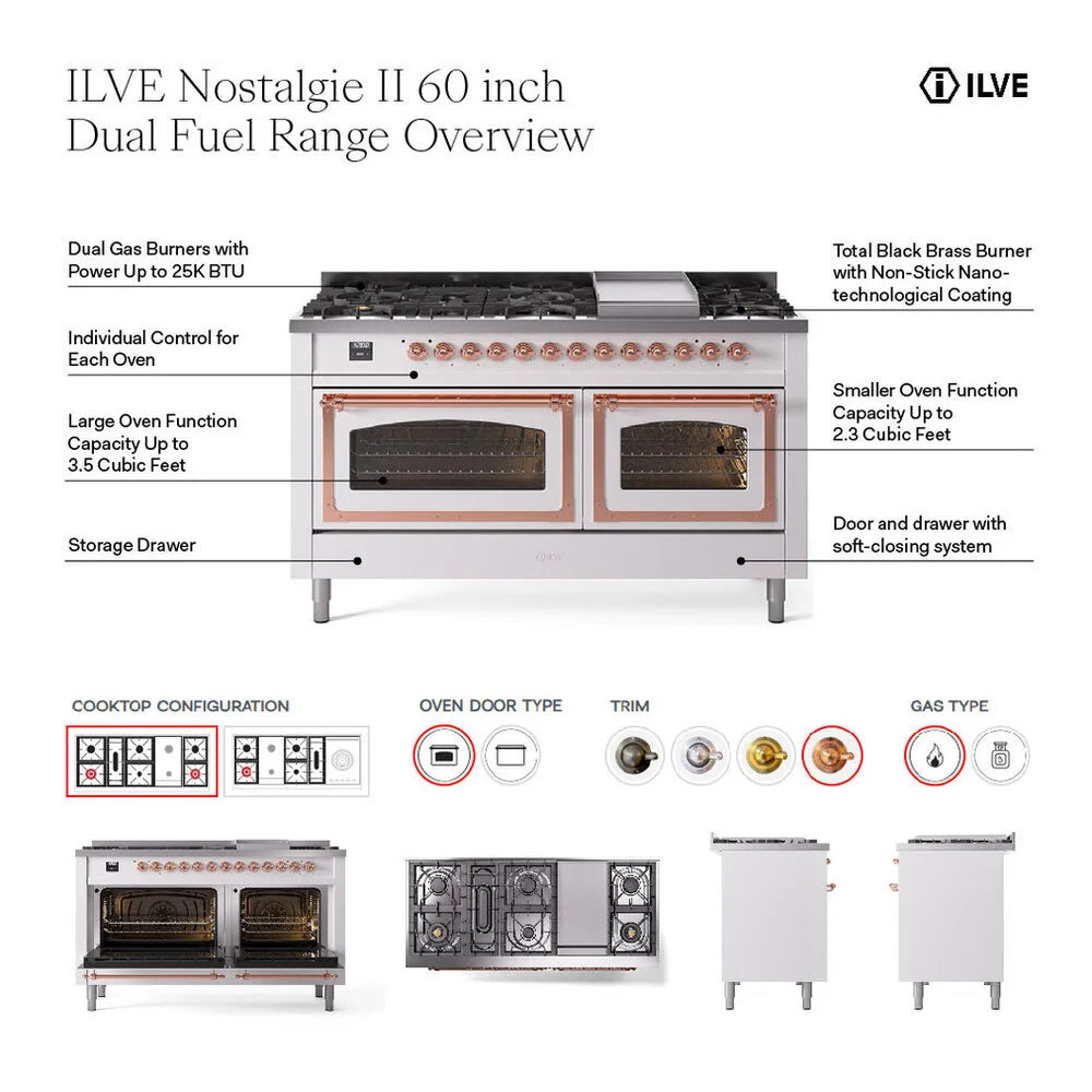 ILVE Nostalgie II 60" Dual Fuel Freestanding Range in Blue Grey with Brass Trim, UP60FNMPBGG