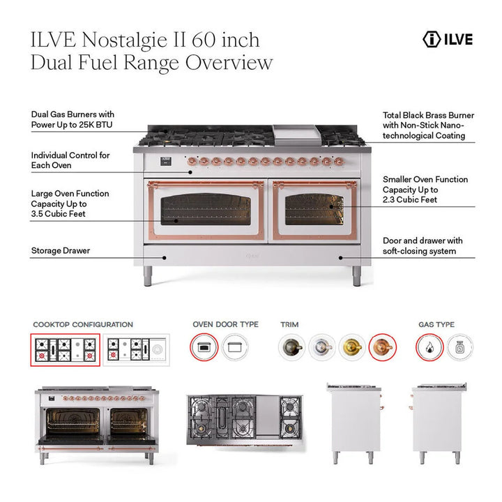ILVE Nostalgie II 60" Dual Fuel Freestanding Range in Blue Grey with Brass Trim, UP60FNMPBGG