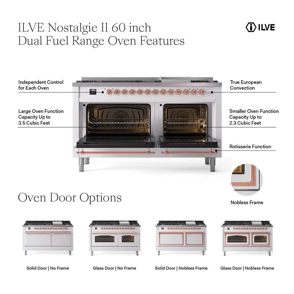 ILVE Nostalgie II 60" Dual Fuel Freestanding Range in Blue Grey with Brass Trim, UP60FNMPBGG