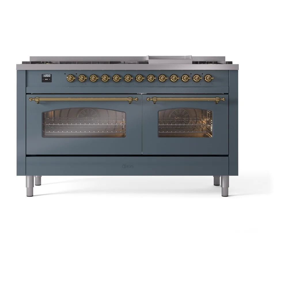 ILVE Nostalgie II 60" Dual Fuel Freestanding Range in Blue Grey with Brass Trim, UP60FNMPBGG